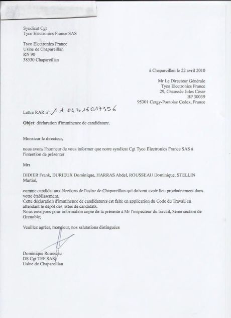 TYCO ELECTRONICS: DECLARATION D'IMMINENCE DE CANDIDATURE 
